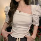Asymmetrical Puff-sleeve Shirred T-shirt