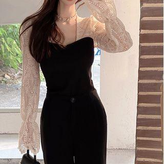 Lace Panel Knit Top Black & Almond - One Size