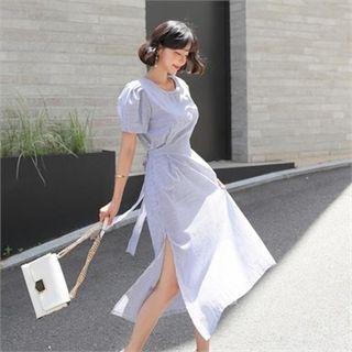 Puff-sleeve Beribboned Stripe Long Dress