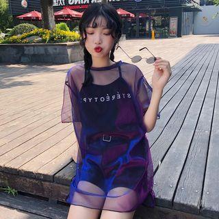 Set: Elbow-sleeve Oversized Sheer Top + Spaghetti Strap Lettering Top