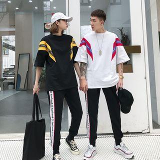 Couple Matching Elbow-sleeve T-shirt / Contrast Trim Harem Pants