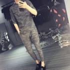 Set: Camouflage Elbow-sleeve Shirt + Skinny Pants