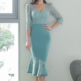V-neck Lace Panel Mermaid Dress