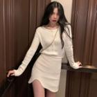 Long-sleeve Buttoned Top / Fitted Mini Skirt