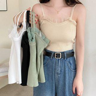 Mesh Ruffle Ribbed Knit Camisole Top