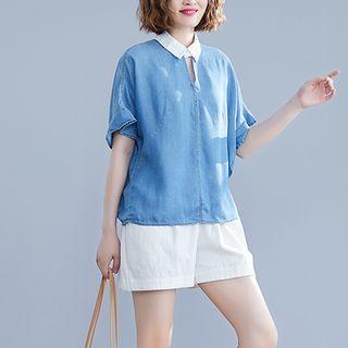 Plain Bell-sleeve Denim Short-sleeve Shirt