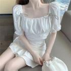 Set: Short-sleeve Rhinestone Bow Cropped Blouse + Ruffle Hem Mini A-line Skirt