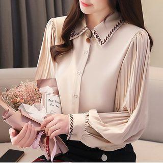 Puff-sleeve Embroidered Shirred Blouse