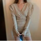 Puff-sleeve V-neck Shirred Dress