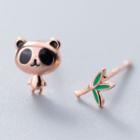 925 Sterling Silver Non-matching Panda & Leaf Stud Earring