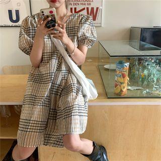 Plaid V-neck Loose-fit Puff-sleeve Dress As Figure - One Size