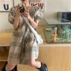 Plaid V-neck Loose-fit Puff-sleeve Dress As Figure - One Size