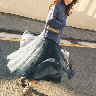 Set: Turtleneck Sweater + Mesh Midi Skirt