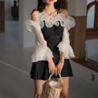 Set: Bell-sleeve Cold-shoulder Swim Dress + Shorts