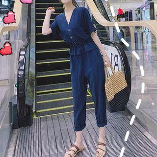 Mock Two-piece Short-sleeve Cropped Jumpsuit