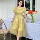 Puff-sleeve Square-neck Smocked A-line Dress