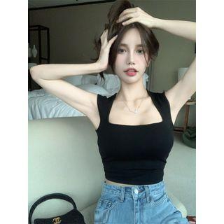 Square Neck Crop Tank Top Black - One Size