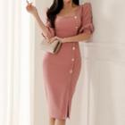 Elbow-sleeve Square Neck Button-up Sheath Dress
