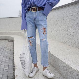 Distressed Embroidery Slim-fit Jeans