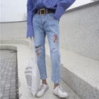 Distressed Embroidery Slim-fit Jeans