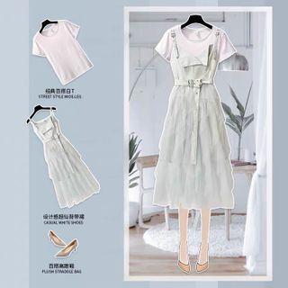 Set: Short-sleeve T-shirt + Tiered A-line Midi Pinafore Dress