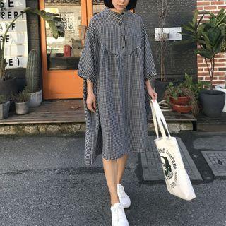 3/4-sleeve Plaid Buttoned Shirtdress