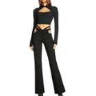Long-sleeve Pearl Chain Cutout Crop Top / Pearl Chain Boot-cut Pants