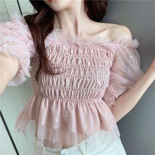 Puff-sleeve Off-shoulder Mesh Blouse