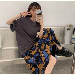 Short-sleeve Plain T-shirt / Spaghetti Strap Flower Print Midi A-line Dress