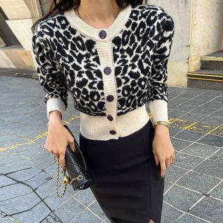 Contrast-trim Leopard Cropped Cardigan