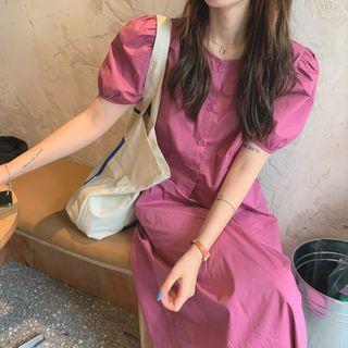 Puff-sleeve Buttoned Top / A-line Midi Skirt