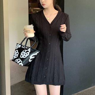 Long-sleeve Button-up Knit Mini A-line Dress Black - One Size