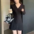 Long-sleeve Button-up Knit Mini A-line Dress Black - One Size