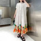 Short-sleeve Geometric Print Shirred Midi A-line Dress