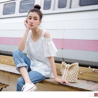 Cold-shoulder Dotted Layered Chiffon Top