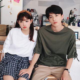 Couple Matching Lace Up Detail Elbow Sleeve T-shirt