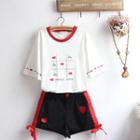 Set: Elbow-sleeve Printed T-shirt + Heart Embroidery Shorts