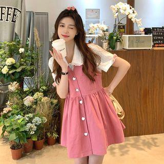 Short-sleeve Collar Blouse / Mini A-line Overall Dress