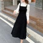 Long-sleeve Mock-neck Knit Top / Midi A-line Overall Dress / Set