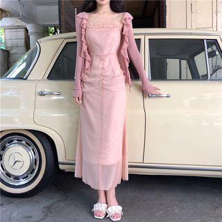 Spaghetti Strap Frill Trim Crinkled A-line Midi Dress Pink - One Size