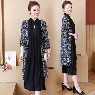 Set: Sleeveless Midi Qipao Dress + Floral Jacket