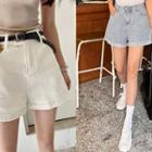 Cuff-hem Wide Denim Shorts