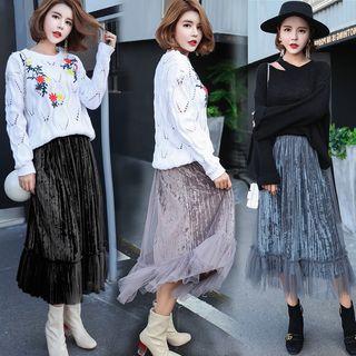 Midi Mesh-overlay A-line Velvet Skirt