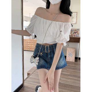 Puff-sleeve Off-shoulder Bow Accent Shirt / High-waist Denim Mini Skirt