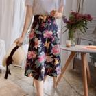 Band-waist Floral Print Skirt Navy Blue - One Size
