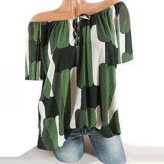 Print Short-sleeve Off-shoulder Chiffon Top