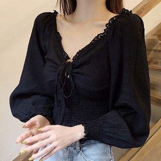 Long-sleeve V Neck Lace Plain Shirt