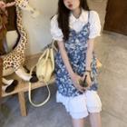 Puff-sleeve Shirred Blouse / Floral Print Overall Dress