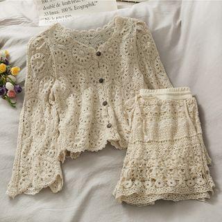 Button-up Open-knit Crop Top / High-waist Shorts