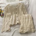 Button-up Open-knit Crop Top / High-waist Shorts